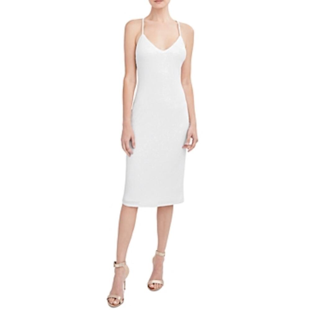 AQUA Sequined Strappy Back Midi Sheath Cocktail Dress Sparkly White Size 6